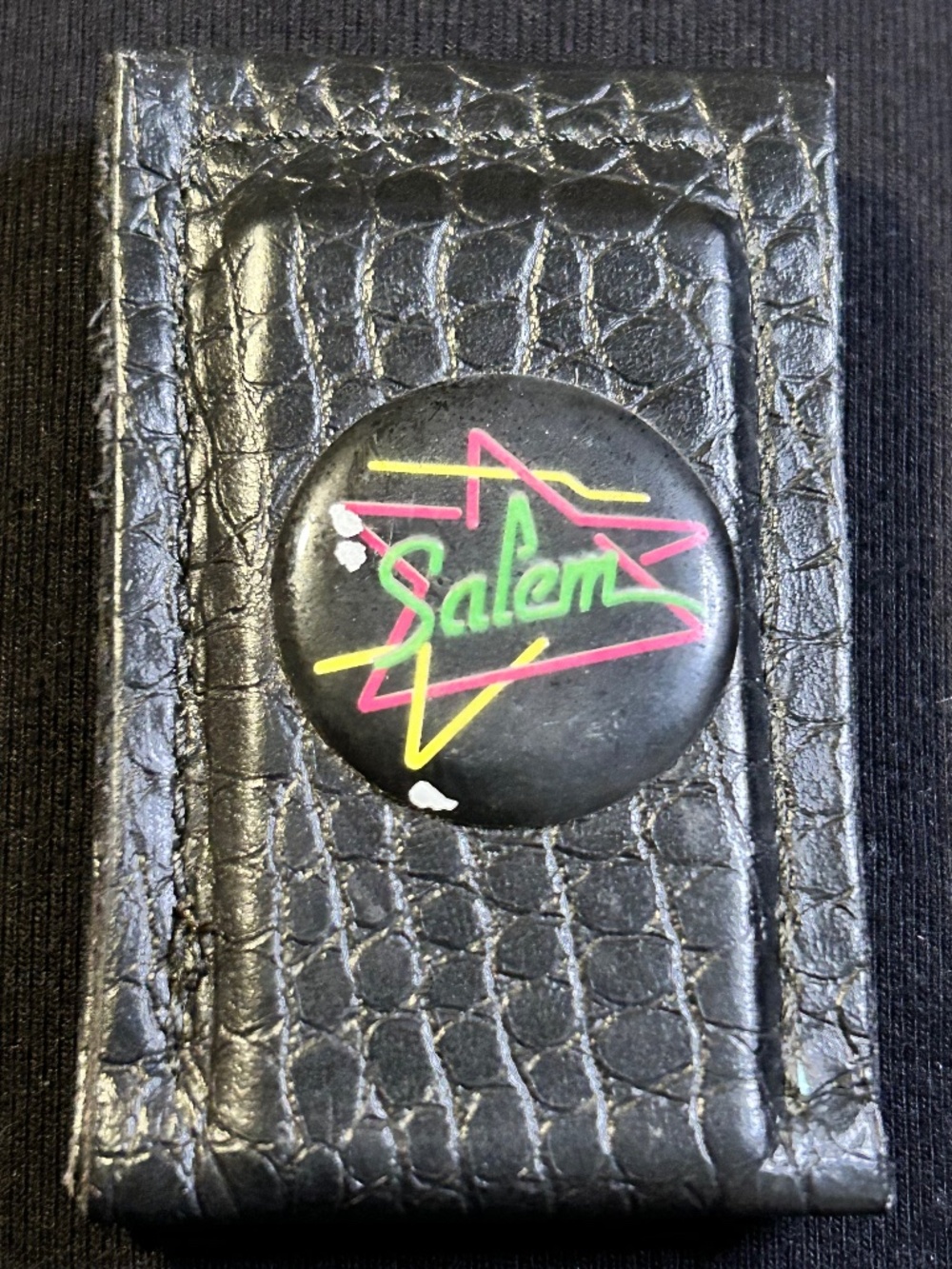 80s/90s Black Leather Crocodile Embossed Money Clip w/ Salem Logo, 4in x 2in